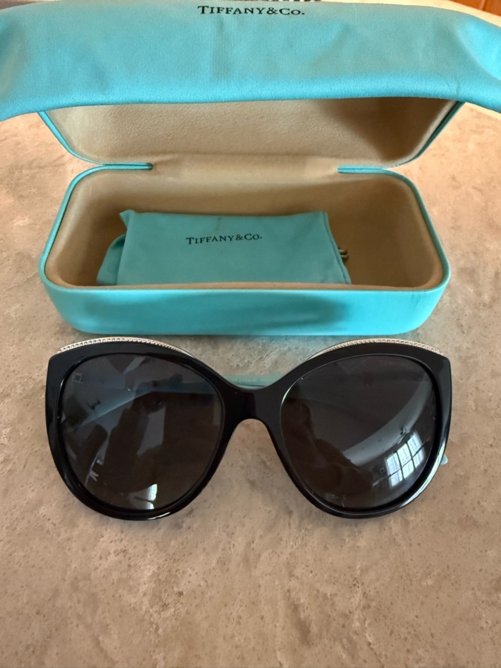 Tiffany & Co. Black Oversized Cat-Eye Sunglasses with Crystal Trim